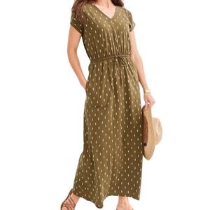 Garnet Hill Women's Easy Cap-Sleeve Knit Maxi Dress Olive Green Size Medium